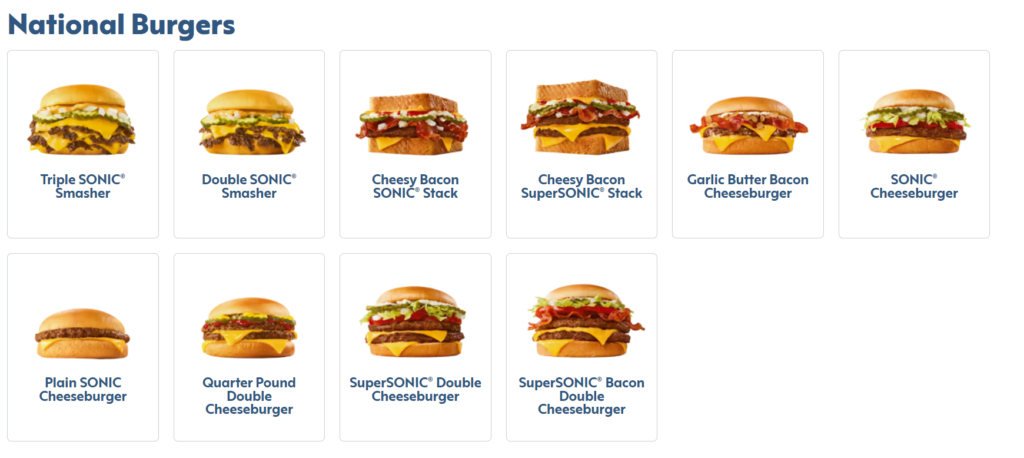 Sonic National Burger Menu