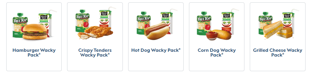 Sonic Wacky Pack Kids Meals Menu